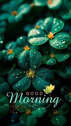 the words good morning are surrounded by green leafy plants and leaves with water droplets on them