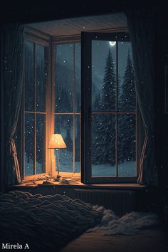 an image of a bedroom scene at night with the moon in the window and snow falling on the ground