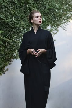 Rayon black kimono dress. Check our store on etsy to buy this kimono. Or join our instagram @i.am.in.pure Kimono Suit Woman, Japanese Dress Outfit, Black Kimono Traditional, Black Kimono Outfit, How To Style A Kimono, Black Kimono Dress, Kimono Woman, Japanese Kimono Dress, Look Kimono