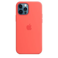 an orange iphone case on a white background with the apple logo in the bottom right corner