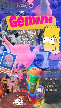 a collage of the simpsons characters in pink, yellow and blue with text that says genim