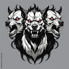 three wolfs with red eyes and fangs on their faces, in the shape of an emblem