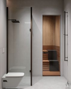 a white toilet sitting next to a wooden door in a bathroom under a skylight