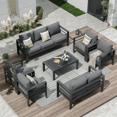 Oversized Metal Aluminum Patio Furniture Set ECOPATIO is committed to providing customers with better life options and improving their quality of life. What makes our brand more unique? For more consumers to realized more quality that meet their needs, with the continuous recognition of customers, we have our brand ECOPATIO Why customer choose us Continuously enrich nice choice of outdoor patio space for more customers, more customers can experience more of our careful selection and we get their Long Patio Furniture Layout Metal, Black And Grey Patio Furniture, Black Outdoor Couch, Espresso Patio Furniture, Black Outdoor Sectional, Patio Furniture Layout, Modern Outdoor Sofas, Aluminum Patio Furniture, Outdoor Patio Space