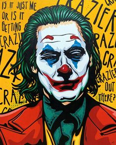 a painting of the joker in front of a yellow background with words written on it