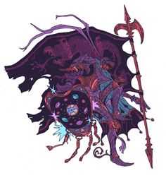 a drawing of a demon holding a spear and wearing a purple outfit with feathers on it