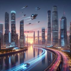 an image of a futuristic city at night with airplanes flying over the skyline and cars driving on the road