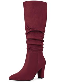 Stay up to date with the comfortable yet stylish Slouchy Pointy Toe Knee High Boots. These boots are designed with a classic slouchy silhouette with pointy toes. Superb craftsmanship ensures lasting quality, while the soft interior ensures all-day comfort. Styles like these are perfect for keeping up with today's trends without sacrificing comfort. Rubber sole Shaft measures approximately 15" from arch Heel Height: 3 1/3 inches; Shaft Height: 15 inches Heel Knee High Boots, Winter Knit Hats, Womens Chunky Heels, Boot Accessories, Stay Up, Chunky Heel, Sunglass Frames, Up To Date, Chunky Heels