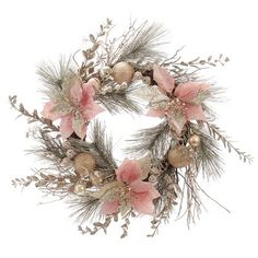 a christmas wreath with pink and gold decorations