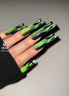 Starfire Inspired Nails, Shego Acrylic Nails, Green Nails Acrylic Coffin, Rare Nail Designs, Cool Acrylic Nails, Green Long Nails, Techno Nails, Green Flame Nails Acrylic, Black And Green Lightning Nails