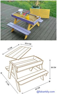 an image of a picnic table with benches on the side and measurements for it to be built