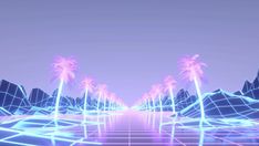 a futuristic landscape with palm trees and mountains