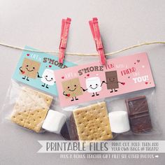 some kind of snack bag with different types of food on it and tags attached to the bags