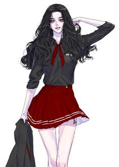 a drawing of a girl with long black hair wearing a red dress and holding an umbrella