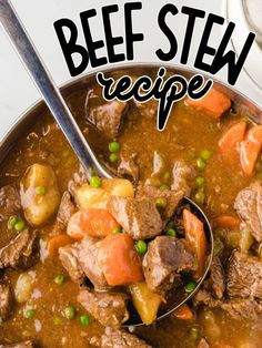 beef stew in a bowl with a spoon and the words beef stew recipe above it