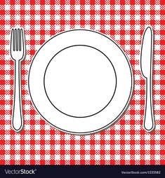 a table setting with a plate, fork and knife on red gingham cloth