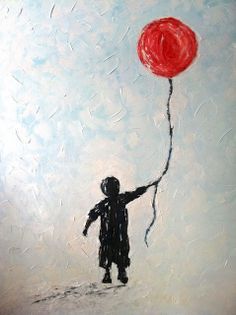 a painting of a person holding a red balloon in the sky with one hand and two strings attached to it