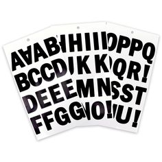 three black and white stickers with different font