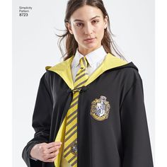 a woman wearing a harry potter costume with a yellow and black striped tie on her neck