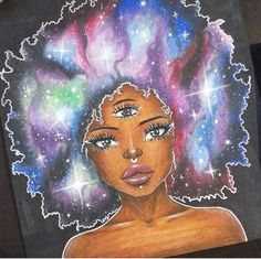 a drawing of a woman's face with stars in the background