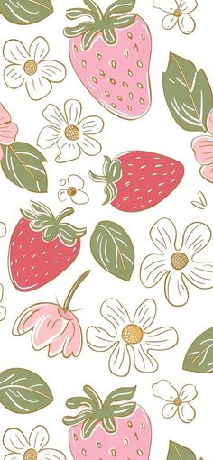 an image of strawberries and flowers on a white background for wallpaper or fabric