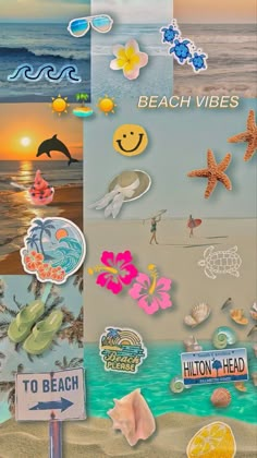 a collage of beach images and stickers