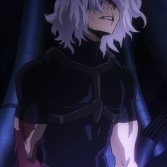 an anime character with long white hair and black outfit standing in front of blue lights