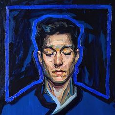 a painting of a man's face with his eyes closed in front of a mirror