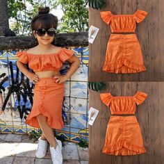 Product Details: Perfect for chic kids Slash neck Crop top Midi length skirt Material: Cotton Dress Skirt Outfit, Shirt Skirt Outfit, Chic Kids, Tops Dress, Girl Sleeves, Skirts For Kids, Crop Top Dress, Frocks For Girls