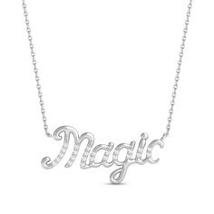 Add a mystic edge to your style with this "Magic" diamond cursive necklace from the Enchanted Disney Fine Jewelry Collection inspired by Jasmine. Crafted in sterling silver The word "Magic" shines in an elegant cursive font dotted with diamonds. 1/10 ct. t.w. of diamonds This 18.0-inch cable chain necklace secures with a spring-ring clasp. ©Disney Elegant Cursive Fonts, Magic Necklace, Enchanted Disney, Disney Princess Jasmine, Disney Jasmine, Enchanted Disney Fine Jewelry, Disney Fine Jewelry, Cursive Font, Cable Chain Necklace