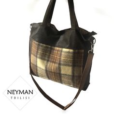 The combination of beige/amber tartan and natural brown leather gives the bag a unique fall look. Th 100% natural Scottish tweed in the centre  is soft to touch. This one-of-a kind bag is perfect for every day use. The leather handle is adjustable to your liking. Can be used as cross body as well as a shoulder bag. The side pocket with a metal vertical zipper is roomy. There are also two inner pockets for easy access to your necessities. The bag closes with a metal zipper.  Dimensions: 16,5x15,7 Fall Bags With Leather Trim, Wool Tote Bag For Everyday Use, Plaid Bags For Everyday Use In Fall, Everyday Plaid Bags For Fall, Fall Leather Trim Shoulder Bag, Wool Tote Bag For Travel, Brown Wool Rectangular Shoulder Bag, Rectangular Brown Wool Shoulder Bag, Brown Leather Trim Bag For Fall