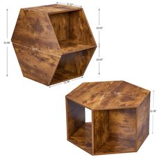 two hexagonal wooden shelves with measurements for each shelf in the same size and shape