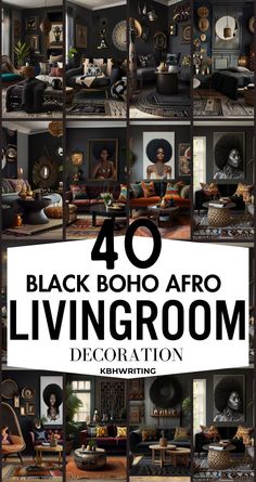 the black boho afro living room decoration is featured in this book cover for an article