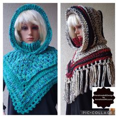 two pictures of a woman wearing a crocheted scarf and a hooded cowl