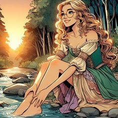 a beautiful woman sitting on top of a river next to a forest filled with trees