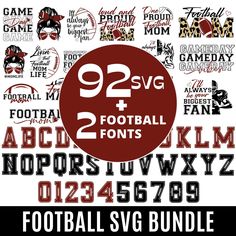 the football svg bundle includes two different font styles, including numbers and symbols for each letter