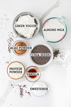 the ingredients to make chocolate pudding in bowls on a white table with text overlay