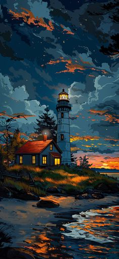 a painting of a lighthouse at night by the water