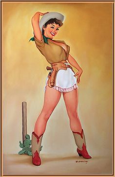 a painting of a woman in short shorts and cowboy boots with a sign that says, i'm from texas what country are you from?