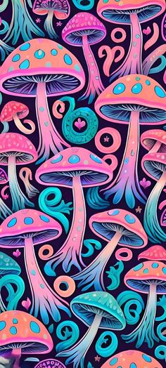 colorful mushrooms and swirls on a black background with pink, blue, and green colors