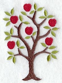 an embroidered apple tree with green leaves and red apples