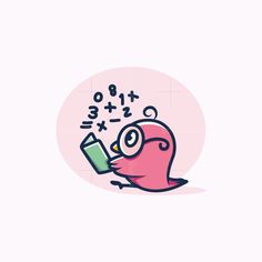 a pink bird reading a book with numbers coming out of it's beaky mouth