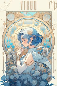 an anime character with blue hair holding a white cat in front of a floral background