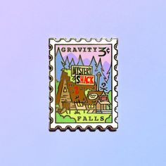 a stamp with the words gravity 5 on it and an image of a cabin in the background