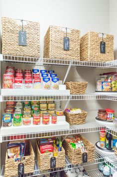 an organized pantry with baskets and food items