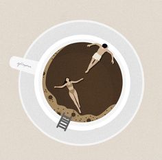 a cup of coffee with two people floating in the water and on top of each other