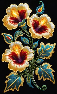 a painting of flowers with leaves and swirls on a black background in the style of embroidery