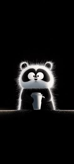 a black and white panda holding a cup