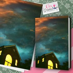 two pictures with the same image on them, one is lit up and the other has dark clouds