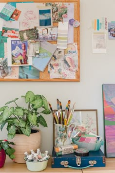 there are many pictures on the wall above the desk and in front of it is a potted plant